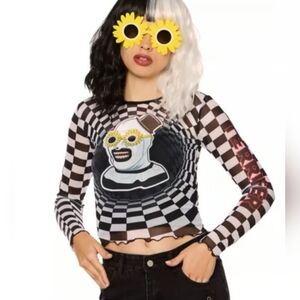 Terrifier Art The Clown Black & White Checker Mesh Long Sleeve Crop Top